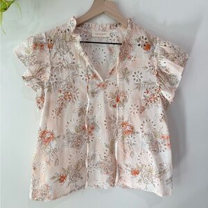 Solitaire Floral Eyelet Ruffle Sleeve Blouse Cotton Boho Cottage Size M